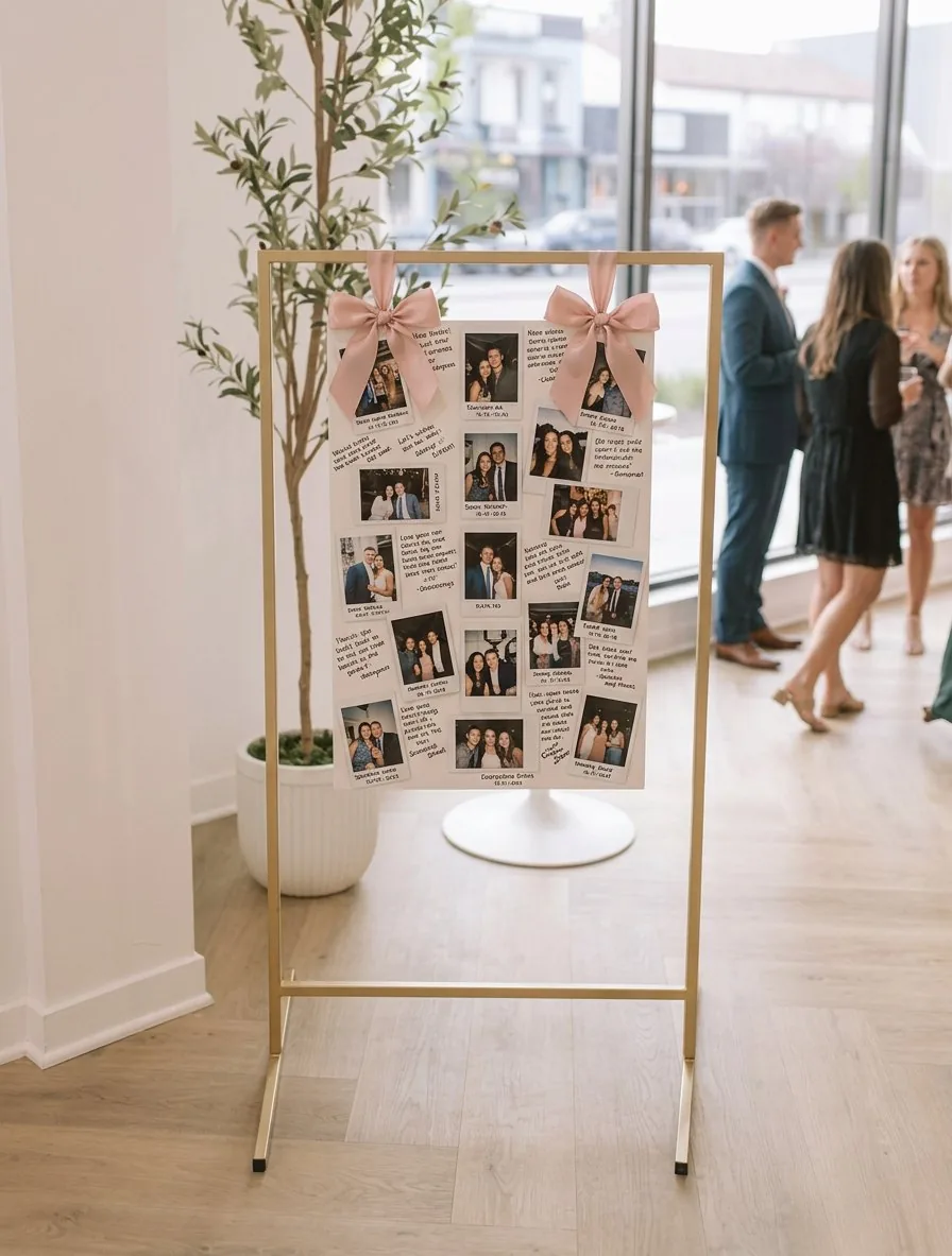 Gold display stand with guests' signed keepsake at a wedding reception